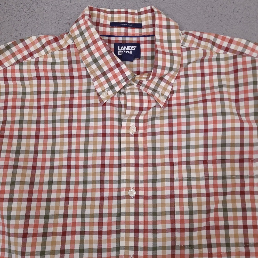 Lands End No Iron Twill Shirt Men Large Orange White Green Check Traditional Fit